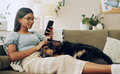 Person relaxing on a couch using a smartphone while a dog rests on their lap.