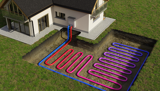 Ground source heat pump system for energy-efficient heating and cooling using underground ground loops.