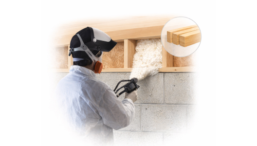 Rim joist insulation being applied with spray foam to improve home energy efficiency and air sealing.