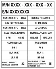 Example of a mame plate label with product information on it.